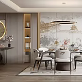 Modern Restaurant Interior With Decorative Painting Backdrop Chandelier Dining Table Chairs And Rug