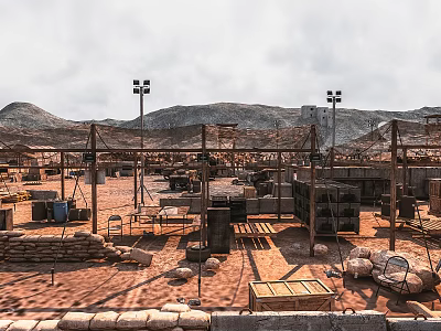 Outdoor Construction Site With Building Materials Wooden Structures And Mountain Backdrop Lighting 3d model