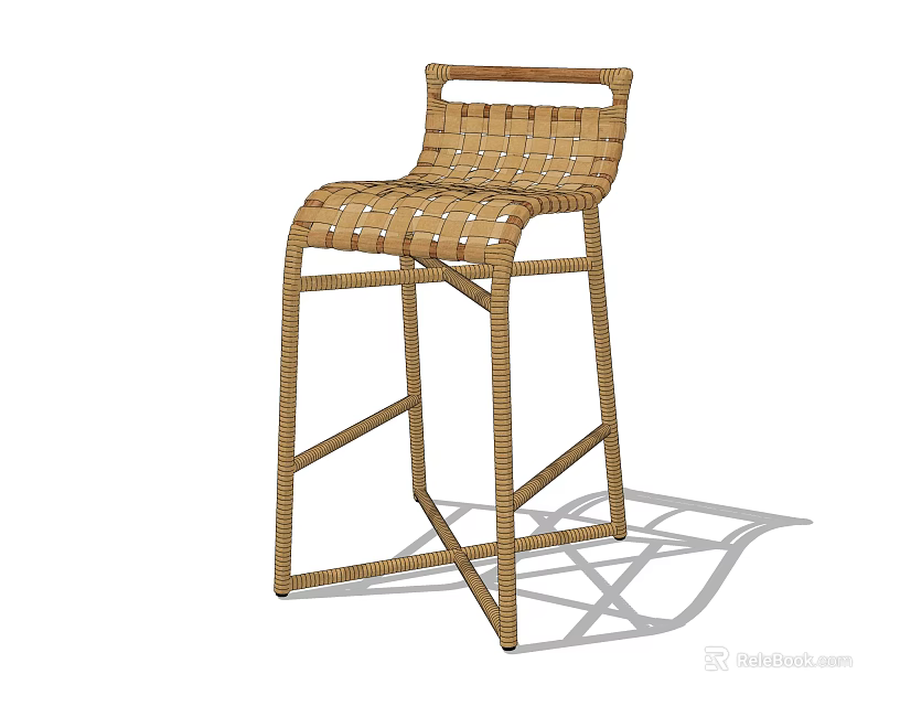 Modern Rattan Bar Stool With Woven Seat Backrest And Wooden Frame For Kitchen Counter 3d model 