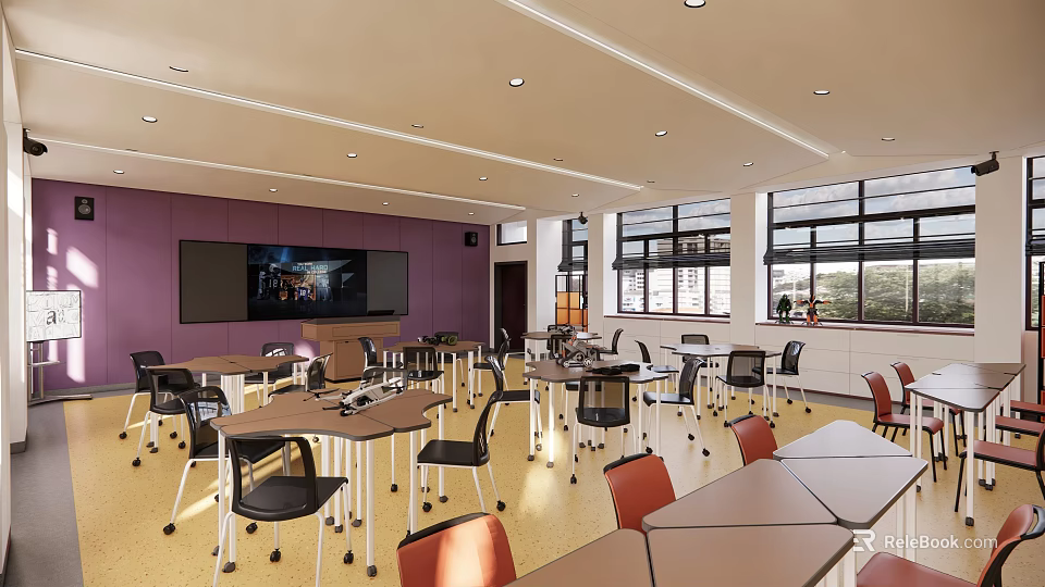 Bright School Classroom Interior With Large Screen Tables Chairs And Windows 3d model 