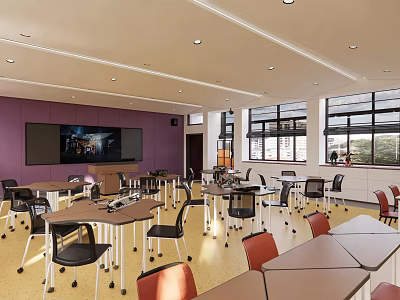 Bright School Classroom Interior With Large Screen Tables Chairs And Windows 3d model