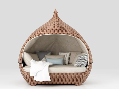 Rattan Woven Dome Shaped Hammock with Cushions and Light Colored Padding 3d model