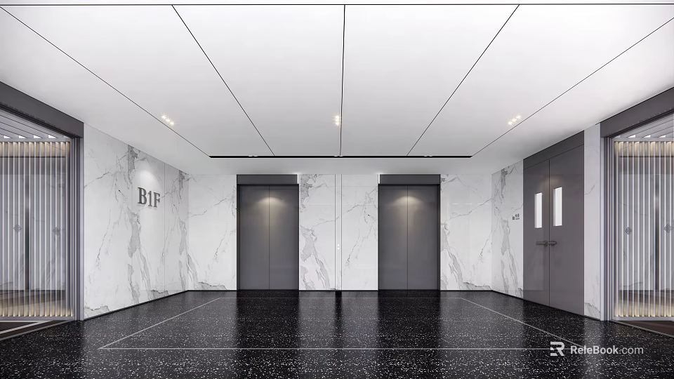 Modern Elevator Lobby Interior With Marble Walls Elevator Doors Ceiling Lights And Black Floor 3d model