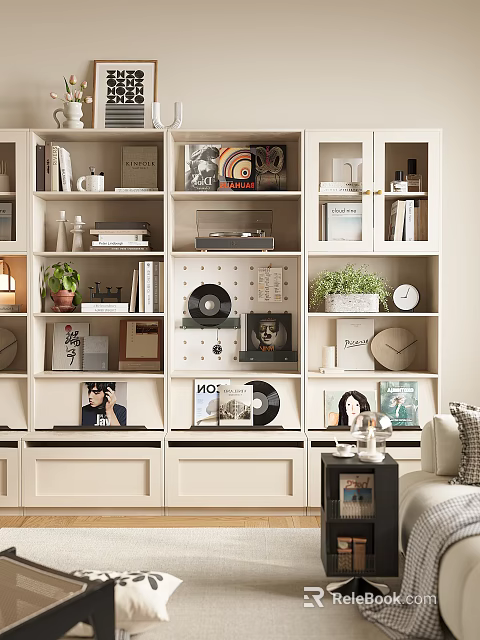 Stylish Bookcase Display With Books Vinyl Records Photo Frames Clock Decorations And Potted Plants 3d model 