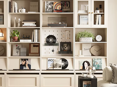 Stylish Bookcase Display With Books Vinyl Records Photo Frames Clock Decorations And Potted Plants 3d model
