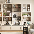 Stylish Bookcase Display With Books Vinyl Records Photo Frames Clock Decorations And Potted Plants