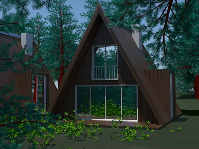 A Frame Wooden House With Large Windows Surrounded By Green Trees 3d model
