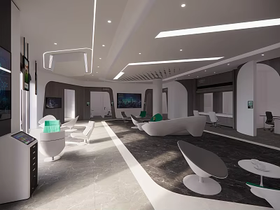Sleek Modern Reception Area Interior Design With White Seating Green Accents And Modern Lighting 3d model