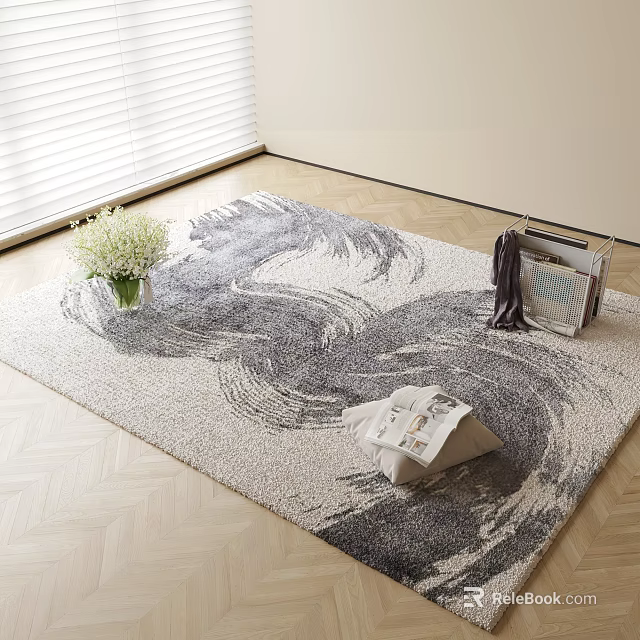 Abstract Pattern Square Rug On Wooden Floor With Vase Flowers Magazines And Window Blinds 3d model 