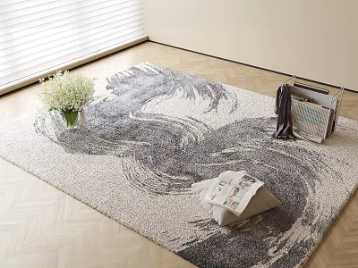 Abstract Pattern Square Rug On Wooden Floor With Vase Flowers Magazines And Window Blinds 3d model