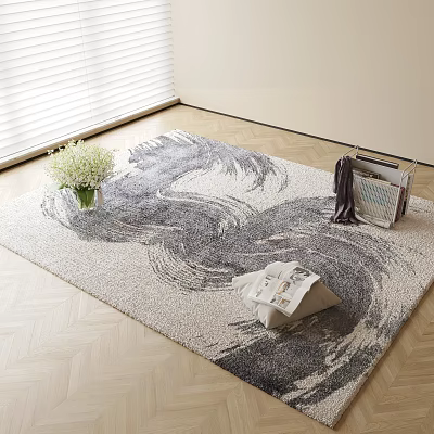 Abstract Pattern Square Rug On Wooden Floor With Vase Flowers Magazines And Window Blinds 3d model