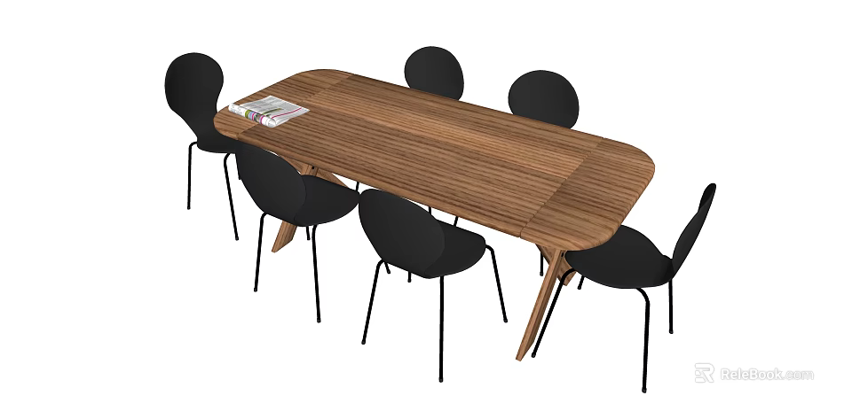 Oval Wood Grain Dining Table Set with Six Black Minimalist Metal Leg Chairs 3d model 