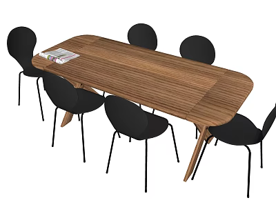 Oval Wood Grain Dining Table Set with Six Black Minimalist Metal Leg Chairs 3d model