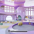 Colorful Purple Kindergarten Open Space Design With Bookshelves Circular Play Area Windows Slide And Toys