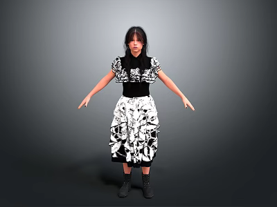 Woman In Black And White Patterned Dress Standing With Arms Outstretched Against Gray Background 3d model