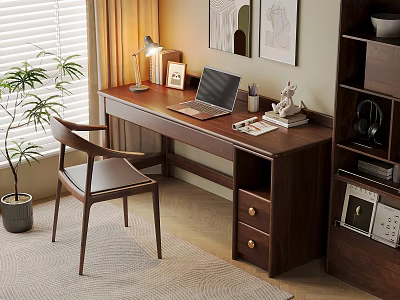 Modern Wooden Desk With Laptop Table Lamp Chair Green Plant And Bookshelf 3d model