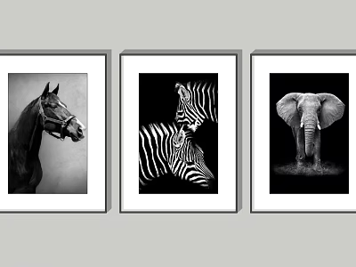 Three Framed Black And White Animal Paintings Featuring Horse Zebra And Elephant 3d model