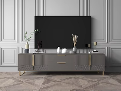 Elegant Modern TV Stand With Gold Legs And Decorative Items On Geometric Floor 3d model