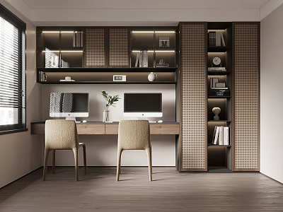 Modern Study Room Interior Design With Wooden Desk Dual Monitors Chairs And Bookshelves 3d model