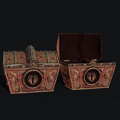 Ornate Decorative Chests with Intricate Carvings Golden Accents and Open Closed Designs 3d model