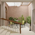 Cozy Foyer Hallway With Green Chairs Coffee Table Plants And Tile Walls
