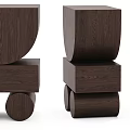 Dark Brown Wooden Side Table Featuring Geometric Stacked Design And Natural Wood Texture
