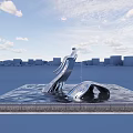 Modern Urban Water Fountain With Silver Sculpture Square Base And Blue Sky