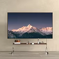Modern TV Stand with Flat Screen TV Mountain Landscape and Decorative Items