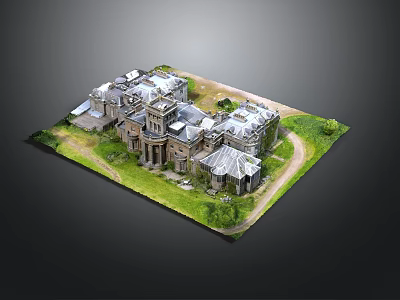 European Style Mansion Architecture With Intricate Roof Design And Curved Lawn Pathway 3d model