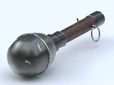 Antique Metal Spherical Weapon With Wooden Handle And Metal Ring 3d model