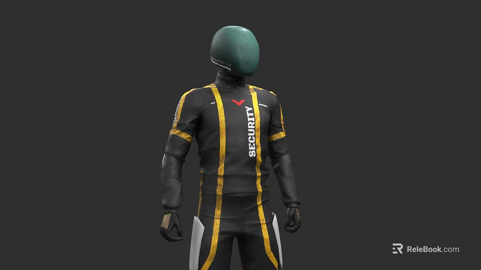 Black and Yellow Striped Security Uniform With Red Logo and Protective Helmet 3d model 