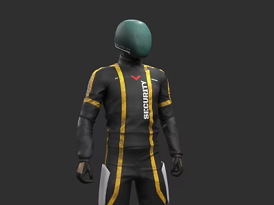 Black and Yellow Striped Security Uniform With Red Logo and Protective Helmet 3d model