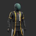 Black and Yellow Striped Security Uniform With Red Logo and Protective Helmet