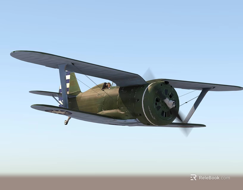 Vintage Green Biplane Fighter Plane Flying With Propeller In Blue Sky 3d model 