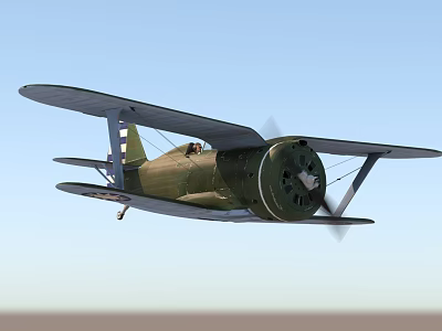 Vintage Green Biplane Fighter Plane Flying With Propeller In Blue Sky 3d model