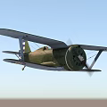 Vintage Green Biplane Fighter Plane Flying With Propeller In Blue Sky