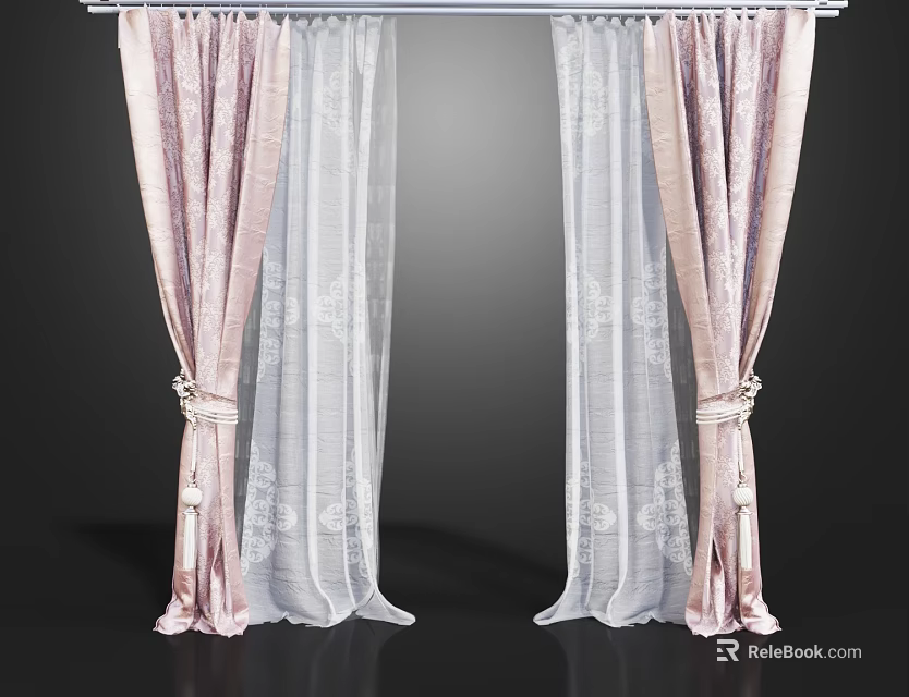 Elegant Pink And White Sheer Curtains With Lace Pattern And Tiebacks 3d model 