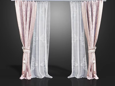 Elegant Pink And White Sheer Curtains With Lace Pattern And Tiebacks 3d model