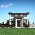Two Story Detached Villa With Black Tiles Roof Parking Space Green Lawn And Swimming Pool