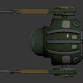 Futuristic Mechanical Creature With Green Smiley Screen Metallic Body And Wooden Support Brackets