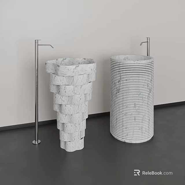 White Marble Stacked And Cylindrical Striped Washbasins With Metal Faucets Against White Wall Gray Floor 3d model 