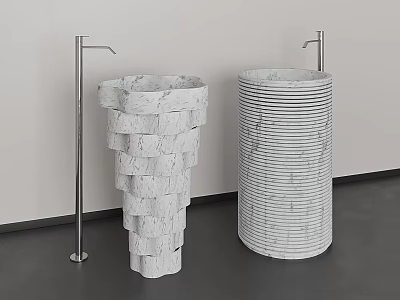 White Marble Stacked And Cylindrical Striped Washbasins With Metal Faucets Against White Wall Gray Floor 3d model