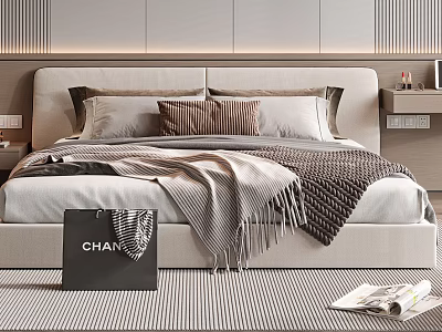 Modern Double Bed with Plush Pillows Fringe Blanket and Chanel Tote on Striped Rug 3d model