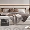Modern Double Bed with Plush Pillows Fringe Blanket and Chanel Tote on Striped Rug