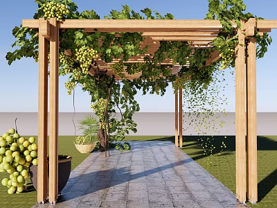 Lush Wooden Pergola With Grape Vines Green Leaves And Stone Pathway 3d model