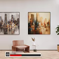 Modern Living Room Decor With Cityscape Paintings Armchair And Potted Plant