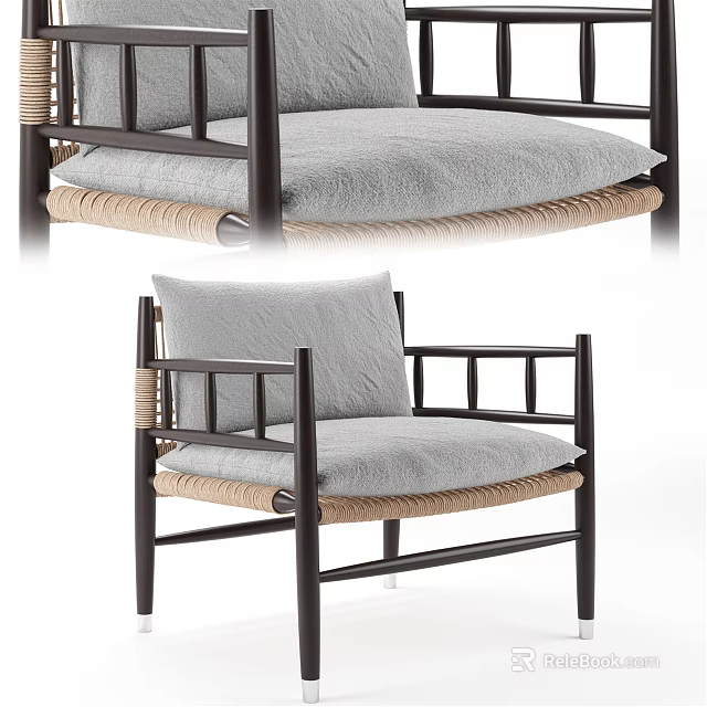 Minimalist Armchair With Black Wooden Frame Gray Cushion And Woven Details 3d model 