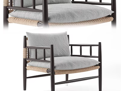 Minimalist Armchair With Black Wooden Frame Gray Cushion And Woven Details 3d model