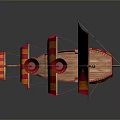 Ancient Sailing Ship Model With Red And Yellow Striped Sails And Wooden Masts
