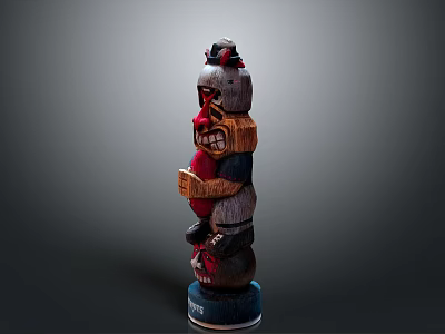 Traditional Wooden Totem Pole With Carved Animal Figures And Colorful Details 3d model